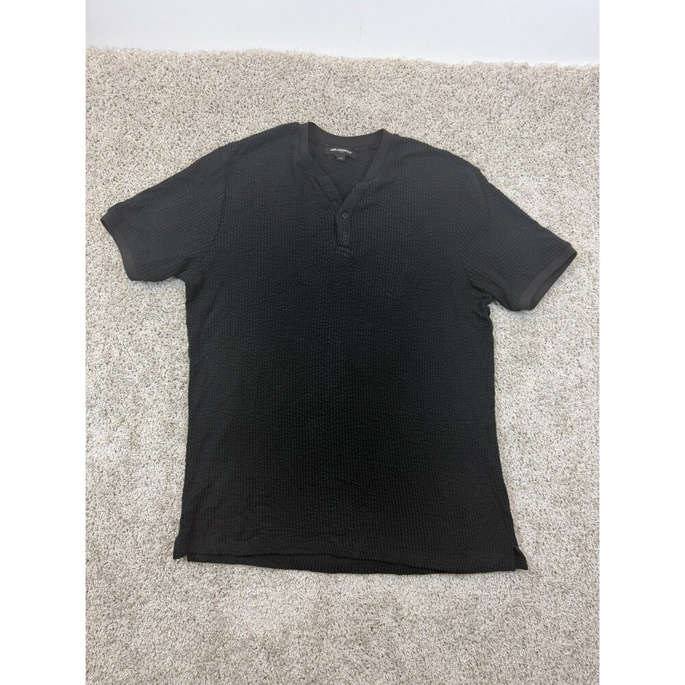 Karl Lagerfeld Paris Mens M Black Textured Short Sleeve Henley Shirt Rayon Blend